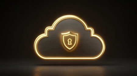 A vibrant cloud symbol with a glowing shield and lock icon emerges against a dark background, highlighting themes of data security and digital privacy in modern technology.の素材