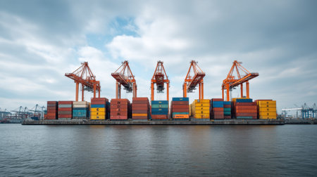 A vibrant industrial harbor scene showcases numerous colorful cargo containers and towering cranes against a dramatic cloudy sky, representing key transportation and logistics operations.の素材