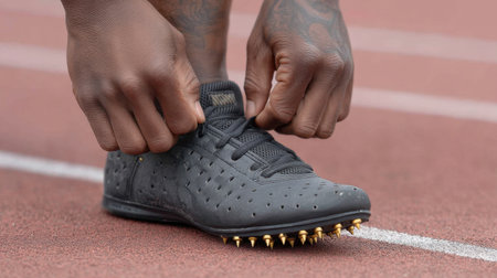 An athlete prepares for a race by tying shoelaces on sleek black spikes. The focus is on footwear as the athlete gets ready to demonstrate speed and skill.の素材