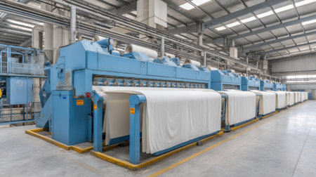 A spacious industrial facility featuring sophisticated fabric production machinery. This image highlights modern textile processing methods and a clean, organized workspace.の素材