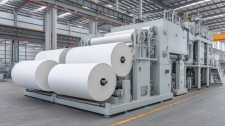 View of advanced industrial machinery for paper production displaying multiple large rolls of white paper within a spacious manufacturing facility environment.の素材