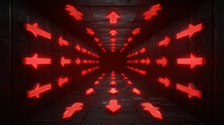 Experience a dynamic perspective in this dark tunnel featuring glowing red arrows that create a sense of movement and direction in a futuristic ambiance.の素材