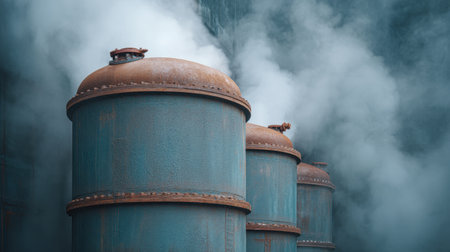 This image captures industrial tanks emitting steam in an urban environment, highlighting the texture of their weathered metal surfaces and the atmospheric effects of steam and smoke.の素材