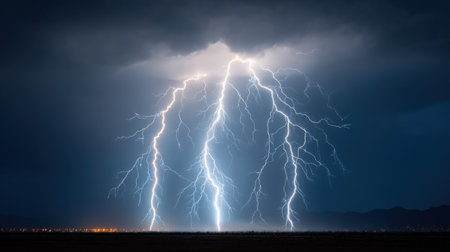 The image captures an intense display of lightning striking across a stormy sky, showcasing the power of nature and the dramatic atmosphere of an evening thunderstorm.の素材