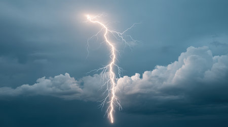 A powerful lightning bolt descends from a stormy sky, casting a bright glow against the dark clouds, showcasing the raw energy of nature and its breathtaking beauty.の素材