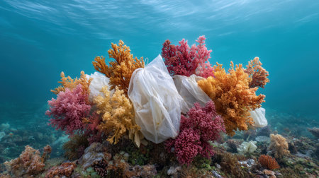 Stunning underwater scene shows vibrant corals entangled with plastic waste, emphasizing the critical need for ocean conservation efforts to protect marine ecosystems.の素材