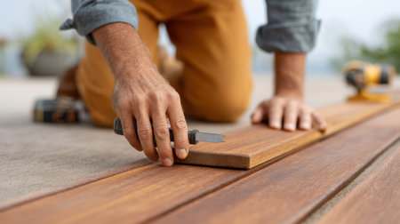 A craftsman demonstrates skillful woodworking by using a hand tool to cut a wooden plank, showcasing precision work in a home improvement project.の素材