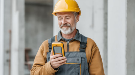 A skilled construction worker smiles while using a mobile device at a job site. His yellow safety helmet and casual attire reflect commitment to safety and technology integration.の素材