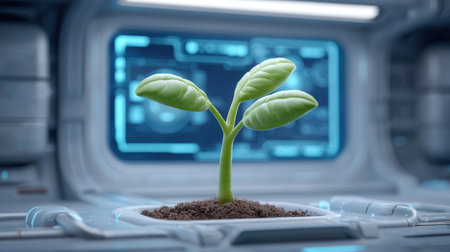 A vibrant green plant emerges from soil in a futuristic laboratory, showcasing the intersection of nature and technology through advanced digital interfaces and equipment.の素材
