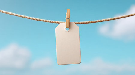 A blank tag is suspended from a rope against a serene blue sky dotted with fluffy clouds, offering a versatile space for labels, messages, or creative ideas.の素材