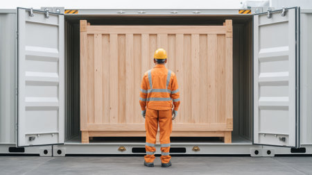 A worker dressed in an orange safety uniform and hard hat stands in front of a large wooden crate inside an open shipping container, symbolizing logistics and transport.の素材