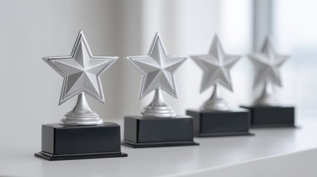 A set of elegant silver star trophies lined up in a bright room, symbolizing achievement and recognition. Ideal for celebrating success in competitions and events.の素材