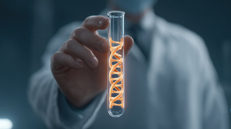 A focused scientist in a laboratory holds a test tube with a glowing DNA helix, representing advancements in genetic research and the future of biotechnology.の素材