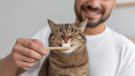 A joyful moment of a man brushing the teeth of his cheerful cat in a cozy home setting, highlighting the importance of pet care and the special bond shared.の素材
