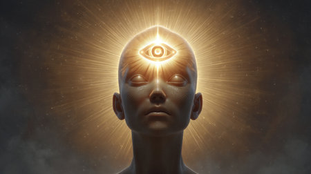 A surreal representation of a figure with a glowing third eye, radiating light and surrounded by cosmic energy, symbolizing enlightenment and spiritual awakening.の素材