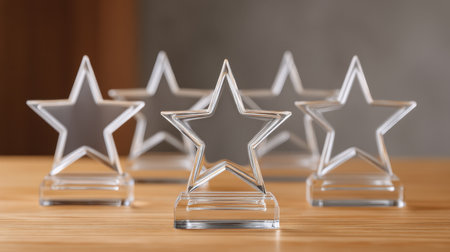 A stunning arrangement of clear glass star awards on a wooden table, perfect for honoring achievements, showcasing elegance and style in any celebration.の素材