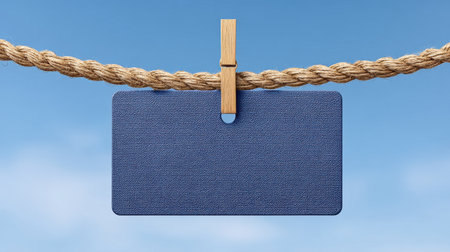A blue fabric texture sign is hanging from a rope against a bright sky background, offering a clean space for marketing and advertising messages or creative designs.の素材