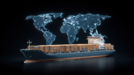 This image showcases a 3D model of a cargo ship with a digital world map overlay, symbolizing global trade, logistics, and maritime transport in a sleek design.の素材