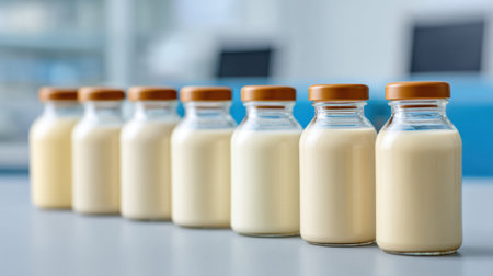 A collection of fresh milk bottles with wooden lids arranged on a kitchen table. This image captures the essence of healthy living and natural dairy products.の素材
