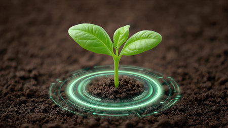 A green seedling rises from rich, dark soil, surrounded by a digital circular interface symbolizing growth and innovation in agriculture and nature.の素材