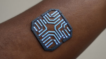 Close-up of a high-tech circuit design embedded on dark skin, featuring LED lights. This image conveys modern innovation in technology, biohacking, and art.の素材