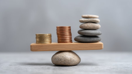 A captivating image illustrating the balance of coins and stones on a wooden scale, symbolizing the harmony between financial investment and natural stability.の素材
