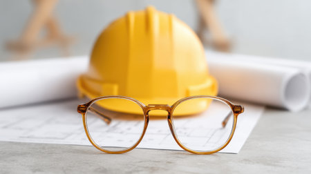 A captivating image showcasing a yellow hard hat and glasses resting on architectural blueprints, symbolizing safety and professionalism in construction and engineering fields.の素材