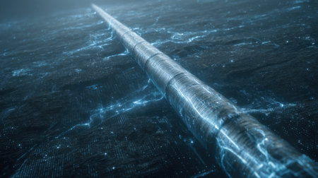 This striking image depicts a futuristic digital pipeline set against a backdrop of glowing data particles, highlighting themes of technology and connectivity.の素材