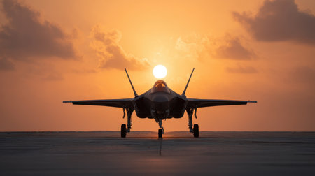 The image features a striking silhouette of a fighter jet at a military airfield, captured against a brilliant orange sunset. The scene embodies technology and strength.の素材