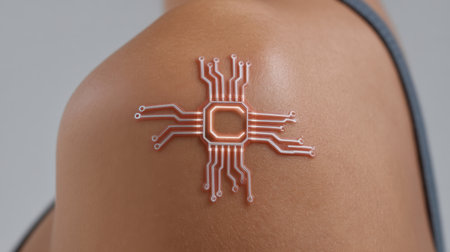 Close-up of a futuristic tattoo resembling a circuit board on human skin, symbolizing the intersection of technology and artistry in contemporary life.の素材