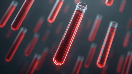 A captivating image of test tubes filled with vibrant red liquid, suspended in a dark backdrop, exemplifying the essence of science and laboratory experimentation.の素材