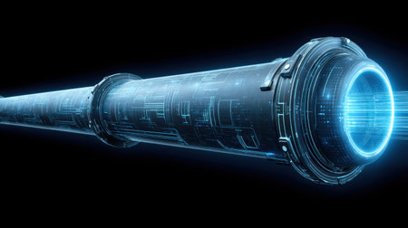 A stunning depiction of a futuristic energy source, featuring a glowing blue light surrounded by intricate circuit patterns, set against a dark background for a high-tech visual appeal.の素材