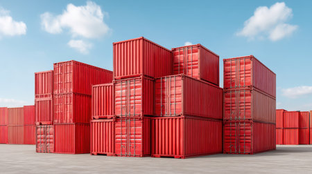 A vibrant scene featuring red shipping containers stacked in a shipping yard. This image captures the essence of logistics and transportation, with a clear blue sky.の素材