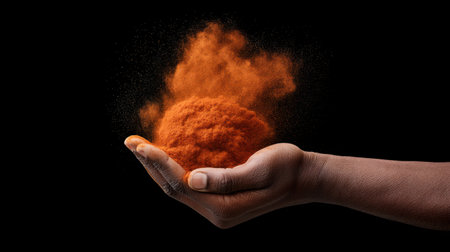 A dramatic image of a hand holding a vibrant orange powder, with particles swirling in the air, symbolizing the zest of spices and culinary creativity.の素材