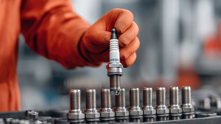 A focused mechanic in gloves replaces a spark plug, showcasing attention to detail and expertise in maintenance tasks within a well-equipped workshop setting.の素材