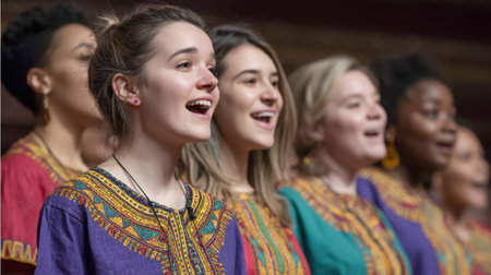 A vibrant choir performs passionately, united in harmonious song, showcasing cultural attire and joyful expressions, creating an uplifting atmosphere of celebration.の素材