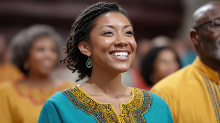 A joyful woman wearing vibrant traditional attire smiles brightly in a lively crowd during a cultural event, showcasing unity and celebration in a warm atmosphere.の素材