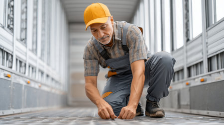 A dedicated worker meticulously installs flooring in a freight trailer, showcasing attention to detail in a well-lit cargo environment, reflecting professionalism and craftsmanship.の素材