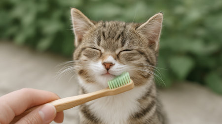 A cheerful cat sitting outdoors enjoys a gentle teeth cleaning session with a soft toothbrush. The scene captures an adorable moment highlighting pet care and hygiene.の素材