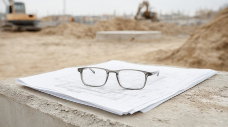 Clear glasses rest on construction plans at a building site, showcasing a focus on planning and detail in architecture, with heavy machinery in the background.の素材