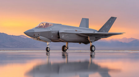 A modern fighter jet stands proudly against a breathtaking sunset, showcasing its design and precision. The reflective surface highlights the beauty of aviation technology.の素材