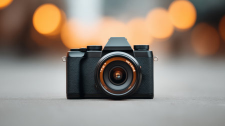 A sleek camera positioned on a city street, beautifully captured with a bokeh background, highlighting the fusion of technology and artistic expression in photography.の素材