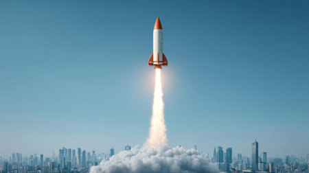 A stunning image capturing a bright red rocket soaring into a clear blue sky, leaving a trail of smoke and flame, symbolizing adventure and technological innovation.の素材