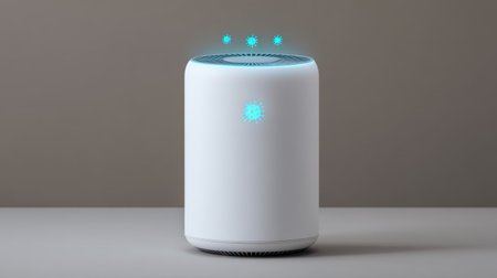 This image showcases a sleek air purifier designed to enhance indoor air quality with advanced filtration technology. Ideal for health-conscious consumers.の素材