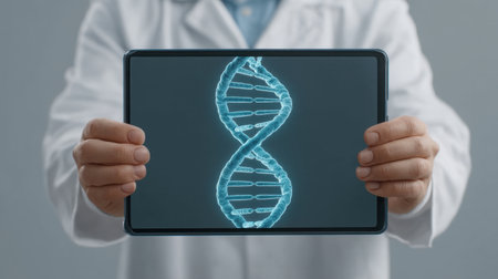 A healthcare professional presents a digital tablet showcasing a 3D DNA helix, illustrating advancements in genetic research and the future of biotechnology health solutions.の素材
