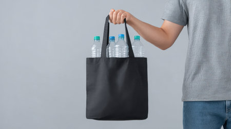 A person holds a black reusable bag containing plastic bottles, symbolizing eco-conscious choices and encouraging sustainable practices to reduce waste and protect the environment.の素材
