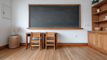 A tranquil and minimalist classroom featuring two wooden chairs and a table, with a large chalkboard and decorative shelves. Ideal for inspiring learning and creativity.の素材