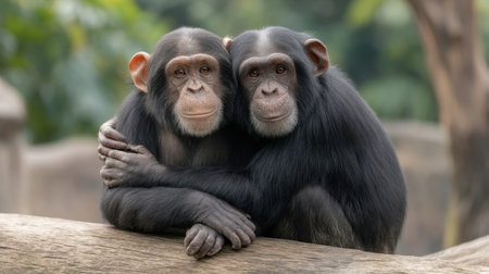 Two young chimpanzees sit closely together, showcasing a tender embrace in a lush green habitat. Their gentle expressions capture the essence of friendship among animals.の素材
