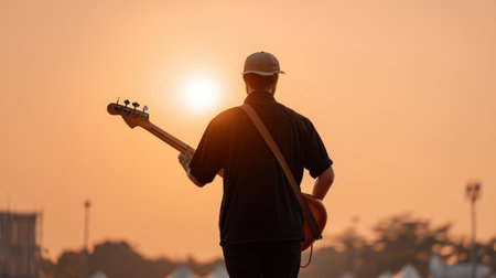 A musician stands silhouetted against a stunning sunset, holding a guitar, creating a captivating atmosphere at an outdoor festival, celebrating music and creativity.の素材