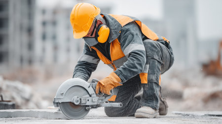 A construction worker in safety gear uses a circular saw to cut through concrete at an urban building site, showcasing dedication to craftsmanship and safety practices.の素材